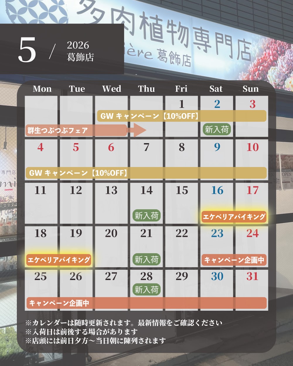 【更新】2026年5月のイベントカレンダー|多肉植物専門店リュミエール葛飾店_20260514